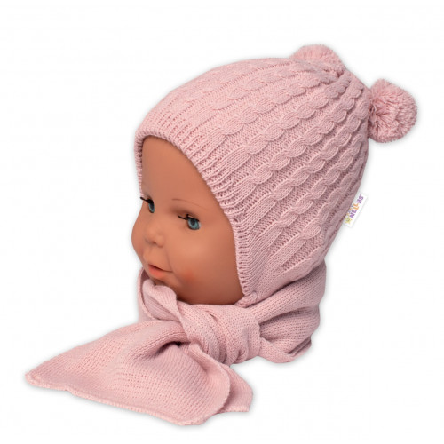 Zimná čiapka na zaväzovanie s brmbolcami + šál, Baby Nellys - púdrovo ružová, vel. 74/80