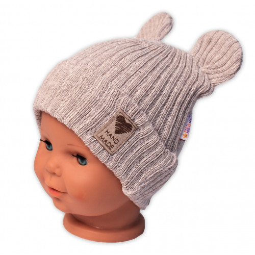 Pletená bavlněná čiapka s uškami, dvojvrstvová, Hand Made Baby Nellys, béžová, veľ. 68/74