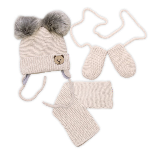 Detská sada, zimná čiapka so šálom + rukavičky 3D, Teddy Bear - béžová