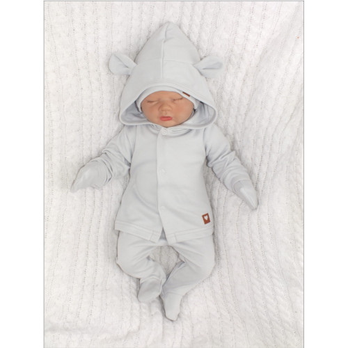 Sada do pôrodnice 5D, body, polodupačky, kabátik, čiapočka, rukavičky - sivá, veľ. 56