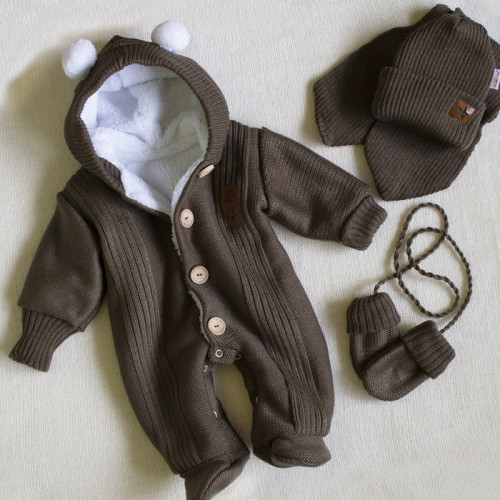 Baby Nellys Pletená kombinéza/overal LUX STAR s kožúškom - dvojvrstvová, hnědá