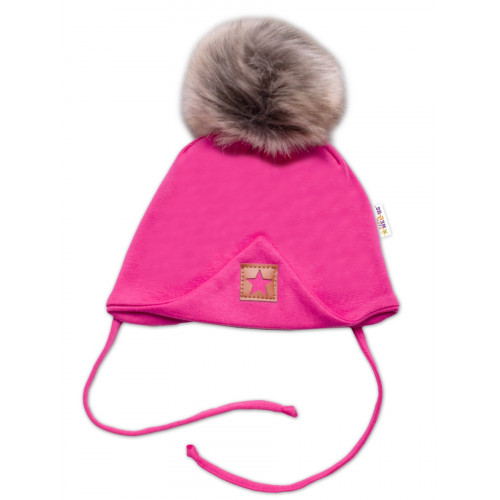Bavlnená dvojvrstvová čiapka s brmbolcom na zaväz. Star - ružová, vel. 80/86