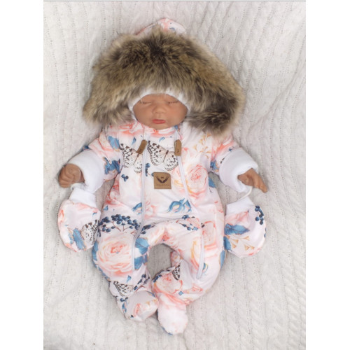 Zimná kombinéza s dvojitým zipsom, kapucňou + rukavičky, Z&Z Angel, ružičky,veľ.74