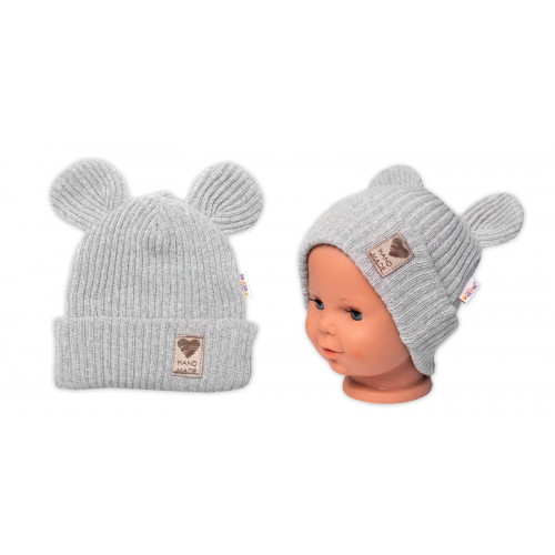 Pletená bavlněná čiapka s uškami, dvojvrstvová, Hand Made Baby Nellys, šedá,veľ. 68/74