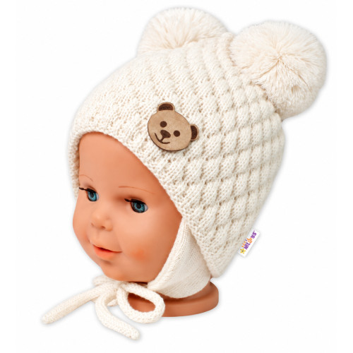 Zimná pletená čiapka Teddy Bear na zaväzovanie, ecru