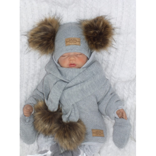 Z & Z Zimná čiapka s brmbolcami z kožušinky s šálou 2V1, sivá, vel. 86