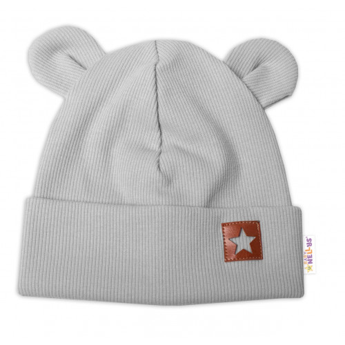 Baby Nellys Rebrovaná dvojvrstvová čiapka s uškami TEDDY - sivá, 80/86