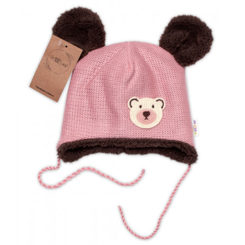 Pletená zimná čiapka s kožúškom a šatkou Teddy Bear, Baby Nellys, ružová, veľ. 80/86