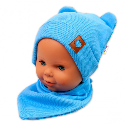 Baby Nellys Rebrovaná dvojvrstvová čiapka s uškami + šatka TEDDY - modrá, 92/98