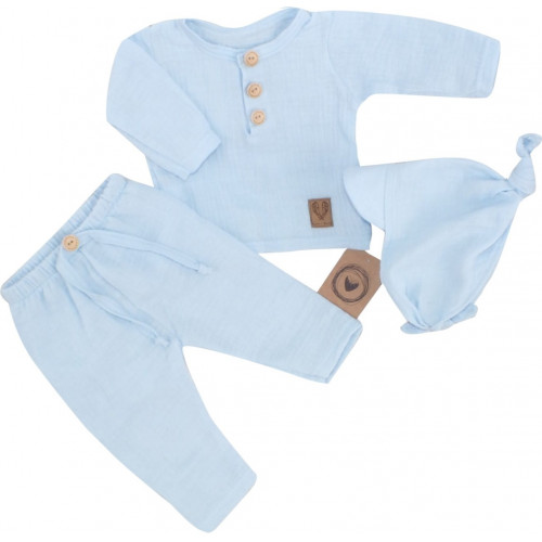 Mušelínové tričko dl. rukáv, nohavice + šatka uzlík, 3D sada, Z&Z, modrá