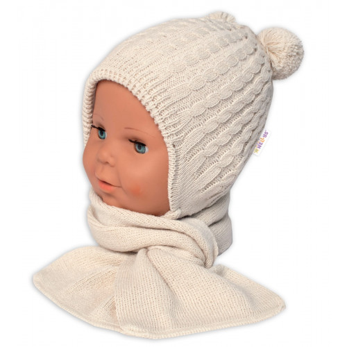 Zimná čiapka na zaväzovanie s brmbolcami + šál, Baby Nellys - béžová, vel. 74/80