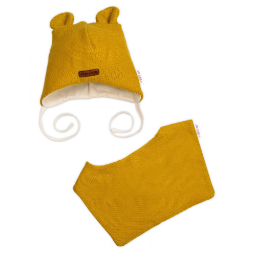 Pletená čiapka s bavlnenou podšívkou a šatkou 2v1, Teddy Hand made - horčicová, 68/74