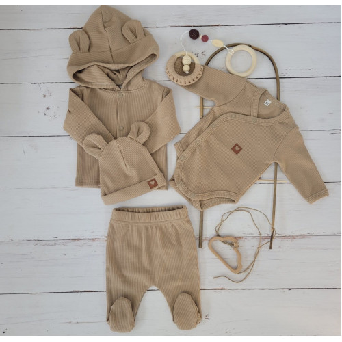 Sada do pôrodnice 4D, rebrovaná, body, polodupačky, kabátik a čiapočka, béžová, 62