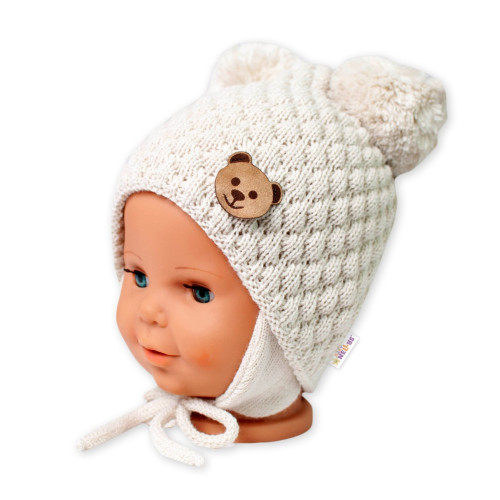 Zimná pletená čiapka Teddy Bear na zaväzovanie, ecru, 68/80, (6-12m)