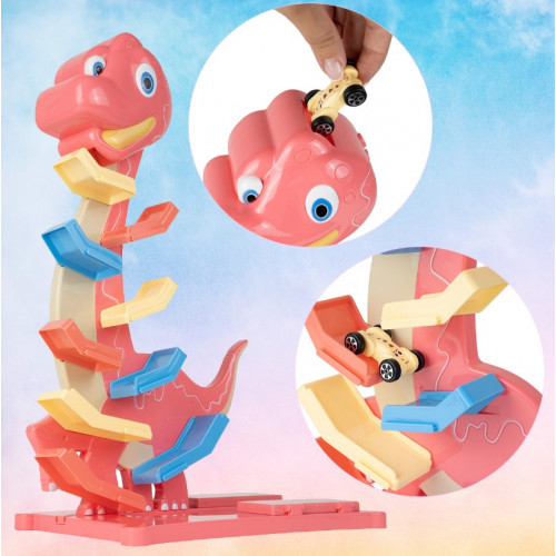 Veselá hrajúca autodráha/šmykľavka Dino Tulimi + 6 autíčok, oranžová