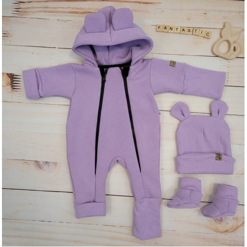 Oteplený detský overal bez šľapiek s kapucňou, čiapočka + topánočky, 3D, Kazum, lila