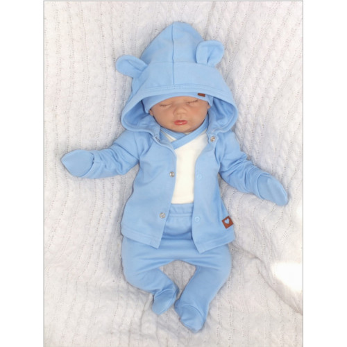 Sada do pôrodnice 5D, body, polodupačky, kabátik, čiapočka, rukavičky - modrá, veľ. 56