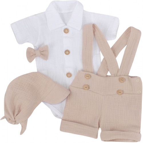 Mušelínové kraťasy s láclom, bodýčko, čiapočka, motýlik 4D sada, Z&Z,piesková/biela,veľ.62