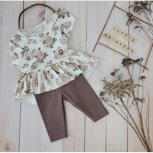 Bavlnená sada, 2D, tunika + legíny s kvetmi - čokoládová/ecru