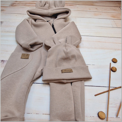 Oteplený detský overal bez šľapiek s kapucní + čiapočka, 2D, Kazum, cappuccino, 62