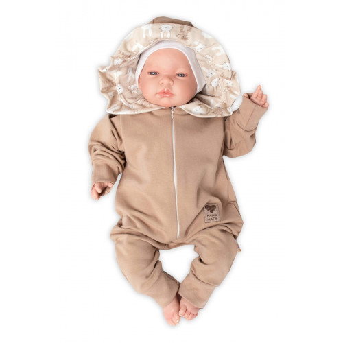 Baby Nellys Teplákový overal s kapucňou a volánikom, New Bunny - cappuccino, veľ. 62