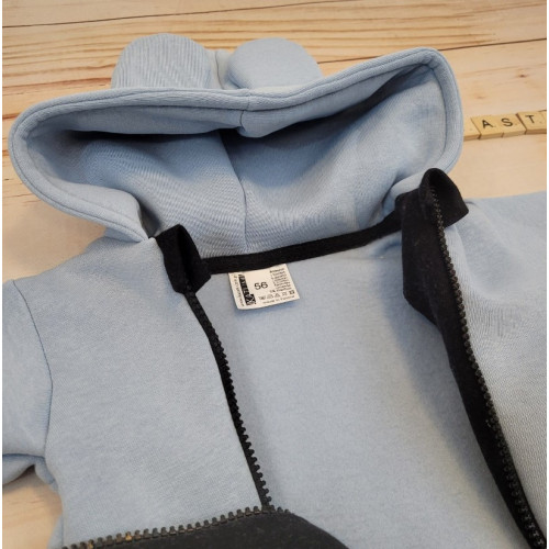 Oteplený detský overal bez šľapiek s kapucňou, čiapočka + topánočky, 3D, Kazum, modrý