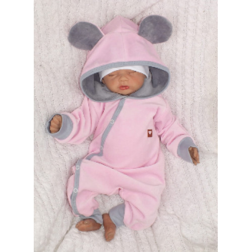 Z&Z Velúrový dojčenský overal s kapucňou a uškami - růžovo,šedý