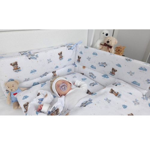 Obliečky do postieľky, bavlna, 2D sada, Méďa pilot - biela, modrá