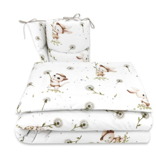 Mantinel s obliečkami do postieľky, 3D sada Bavlna, Kocúrik a púpava - biela, 135x100