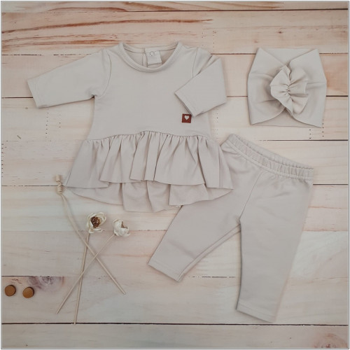 Bavlnená sada, 3D, tunika, legíny, turban - sv. béžová