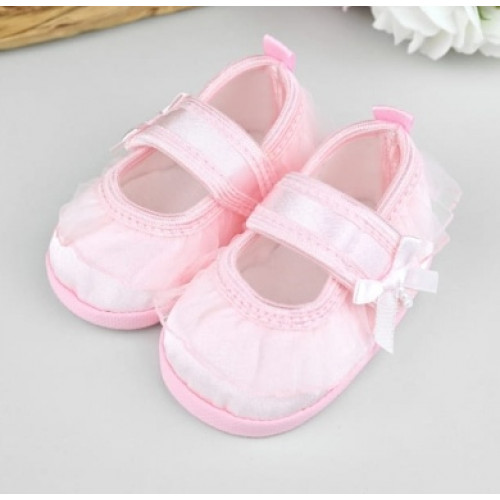 Dojčenské capáčky/topánočky s čipkou a mašľou, Baby Nellys, ružové, veľ. 68/74, 12,5 cm