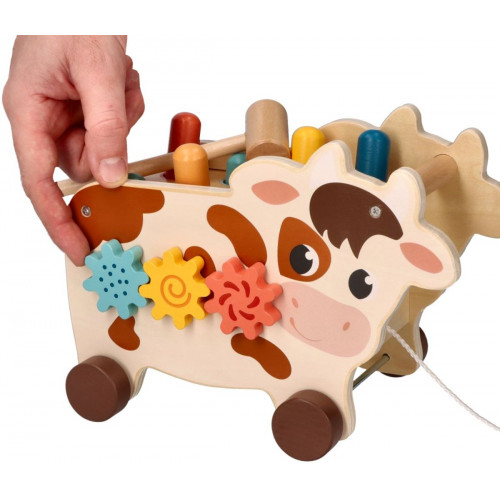Montessori hračka - aktívna edukačná drevená, ťahacia Kravička, prírodná