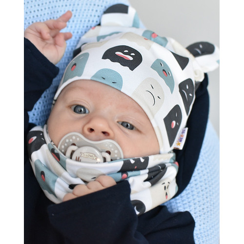 Baby Nellys Dvojvrstvová čiapka s uškami + komínček Príšerky, biela/mátová