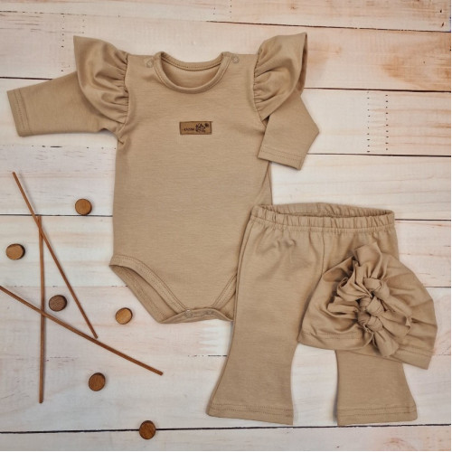 Body s volánikmi, legíny do zvonu a čiapočka, 3D, bavlna, cappuccino, veľ. 74