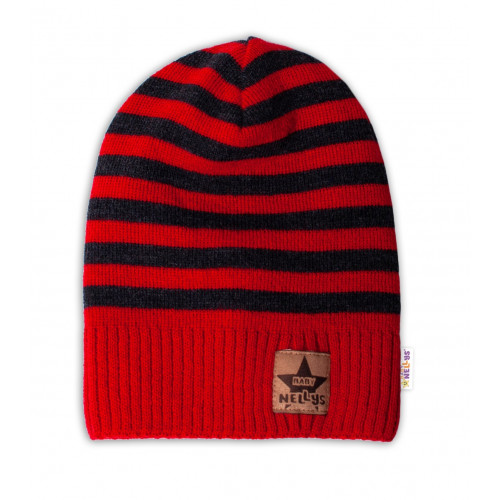 BABY NELLYS Jesenná/zimní prúžkovaná čiapka - červená/grafit