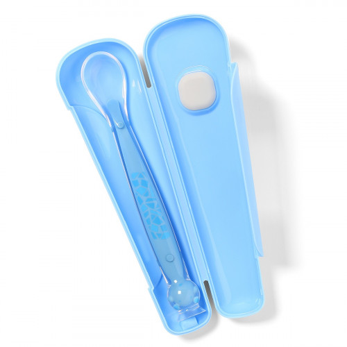Silikónová lyžička úzka s prísavkou v puzdre - modrá