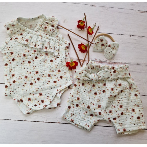 Zavinovacie body s volánikom, kraťasy + čelenka mušelín, 3D,Z&Z Kvetinky, smotanové,veľ.80