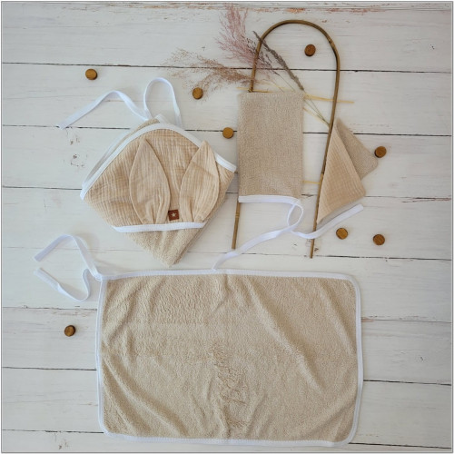 Detská luxusná 4D bambusová sada - osuška s kapucňou a uterákom + 2 žinky, bežová