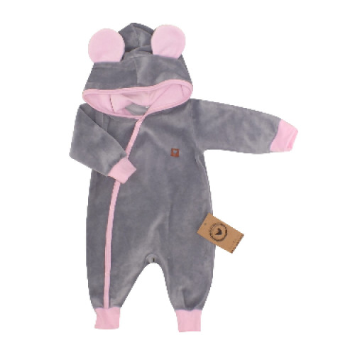 Z&Z Velúrový dojčenský overal s kapucňou a uškami - šedo,růžový