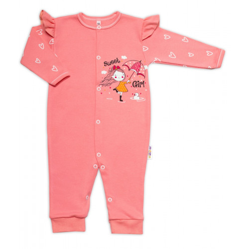 Baby Nellys Bavlnený dojčenský overal bez šľapiek Sweet Girl, losos, marhuľa, veľ. 80