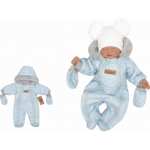 Zimná prešívaná kombinéza s kožušinou a kapucňou + rukavičky Z&Z - modrá, veľ. 62