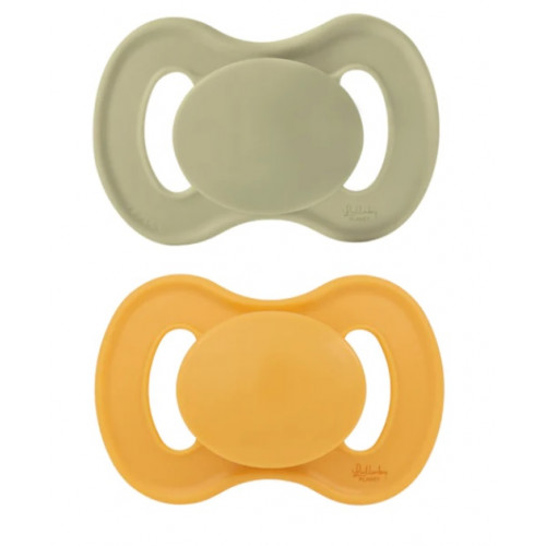 Cumlík, ortodontický silikón, 2ks, Lullaby Planet, 0-6m, oliva/horčica