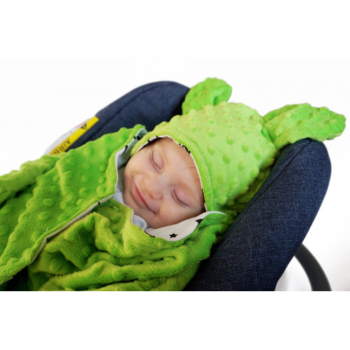 Baby Nellys Fusak, spacáček do autosedačky alebo kočíka s uškami, Minky - sv. zelený