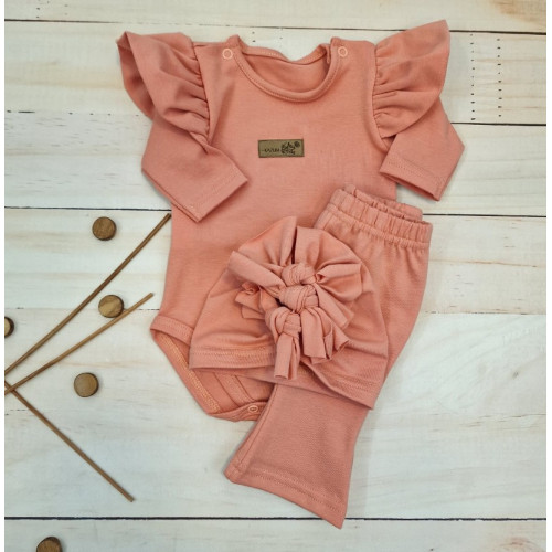 Body s volánikmi, legíny do zvonu a čiapočka, 3D, bavlna, marhuľová, veľ. 74