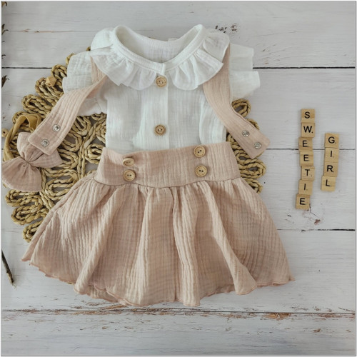 Mušelínová suknička s lacnom, bodýčko a čelenka, 3D sada, biela/béžová, veľ. 74