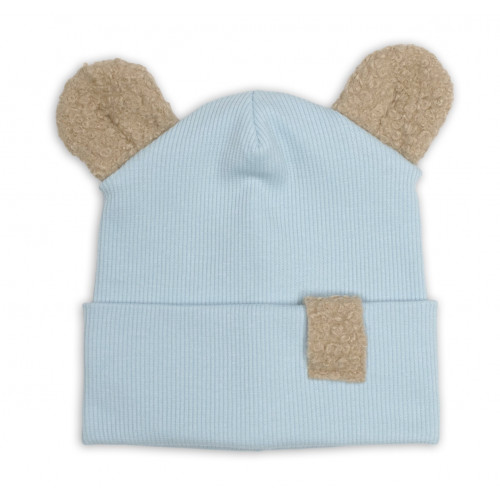 Dvojvrstvová rebrovaná čiapočka s uškami boucle medvedík - modrá