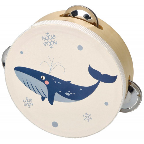 Detská drevená tamburína Veľryba - biela/modrá