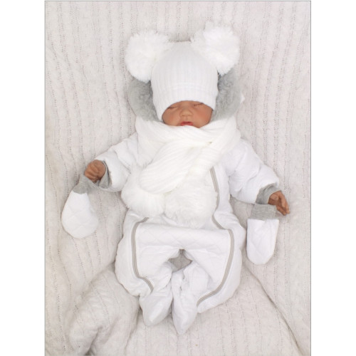 Z&Z Zimná prešívaná kombinéza s kožušinou a kapucňou + rukavičky - biela, vel. 74