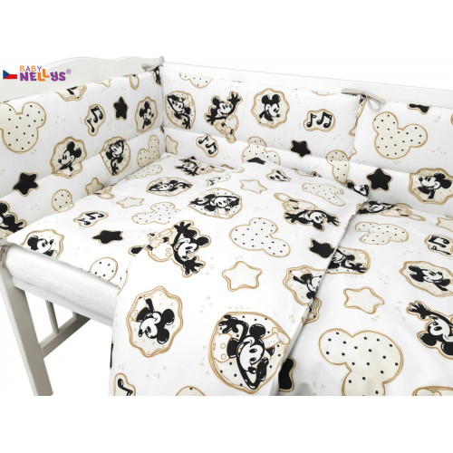 Mantinel s obliečkami do postieľky, 3D sada Myška Retro - biela s potlačou,  135x100