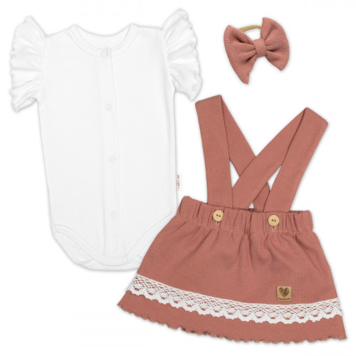 3D súprava LADY, bavlna, body kr. rukáv, suknička s láclom, čelenka, staroružová/biela